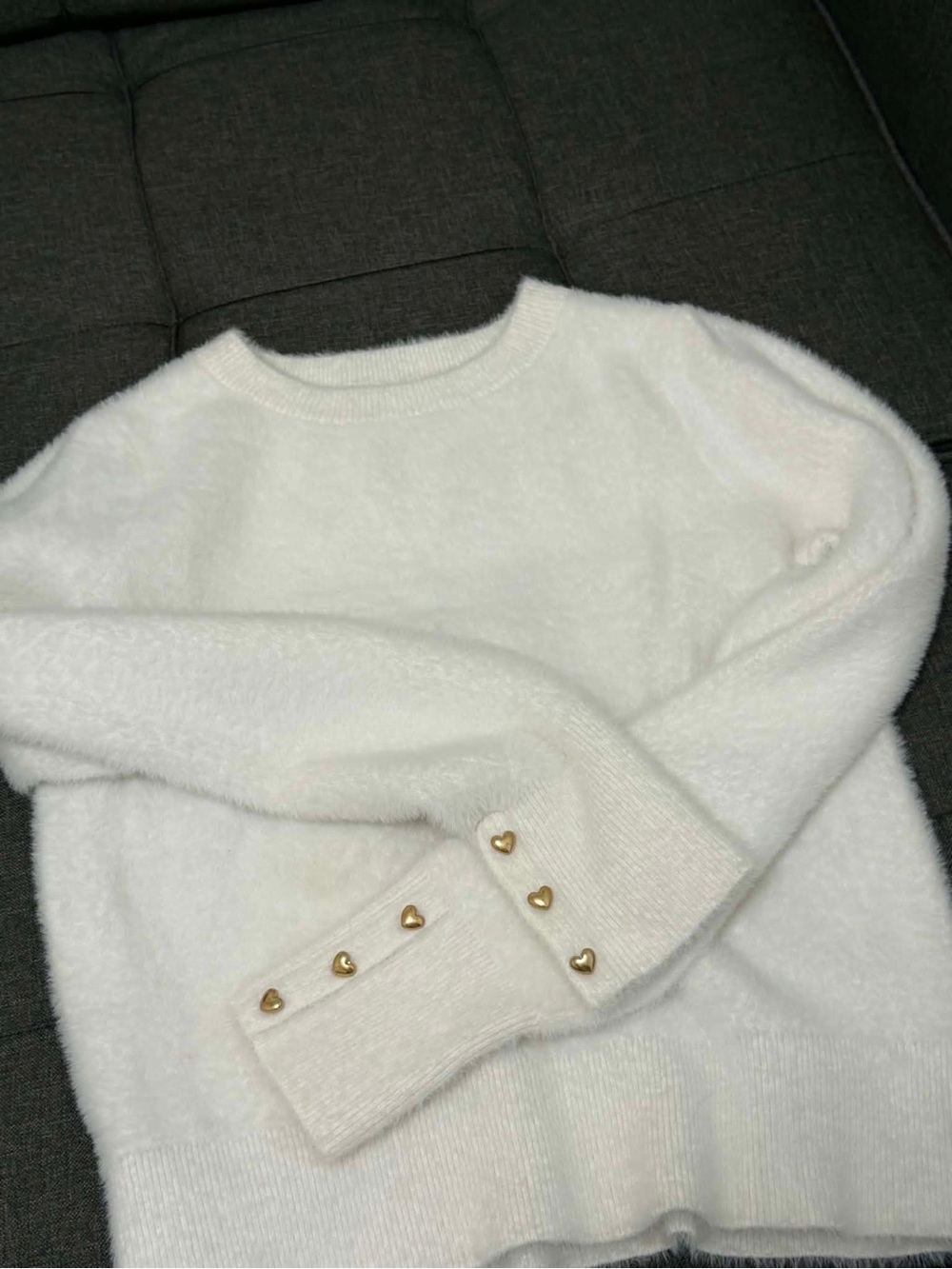 White Heart-Button Cozy Knit Sweater